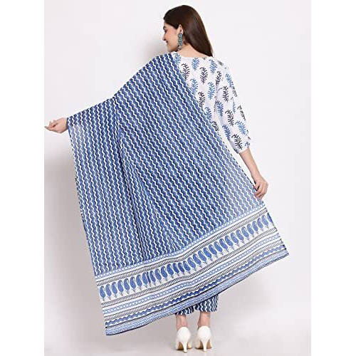 ANNI DESIGNER Women's Cotton Straight Kurta with Pant & Dupatta (KPTD-COT-10018-WHITE_S_White_Small)
