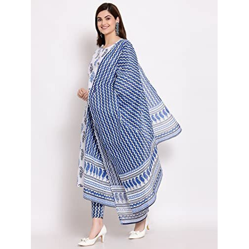 ANNI DESIGNER Women's Cotton Straight Kurta with Pant & Dupatta (KPTD-COT-10018-WHITE_S_White_Small)