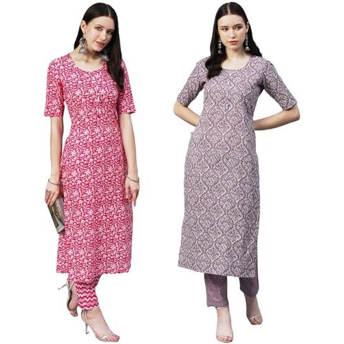 ANNI DESIGNER Women's Cotton Blend Printed Straight Kurta with Pant Pack of 2 (Combo-Azrak-Batakli_Multicolor_XX-Large)
