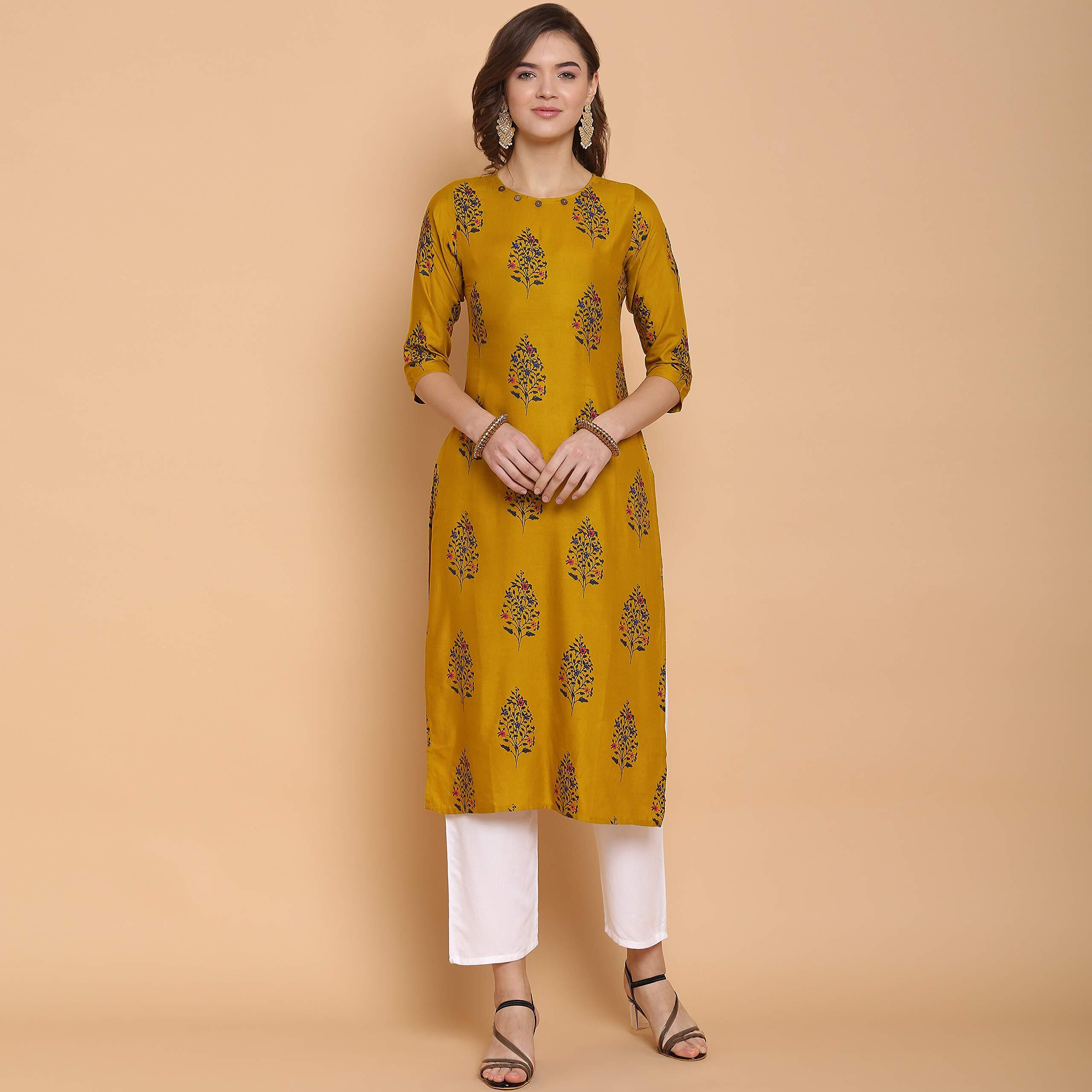 ANNI DESIGNER Women's Rayon Straight Kurta (Yellow,XL)