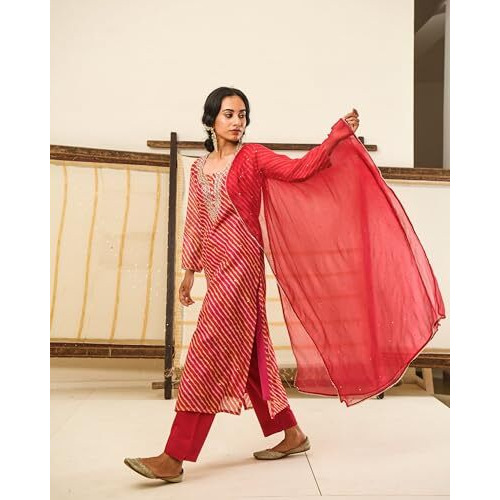 ANNI DESIGNER Women's Rayon Blend Straight Embroidered Kurta with Pant & Dupatta (NINI-MULTI_L_Multicolor_Large)