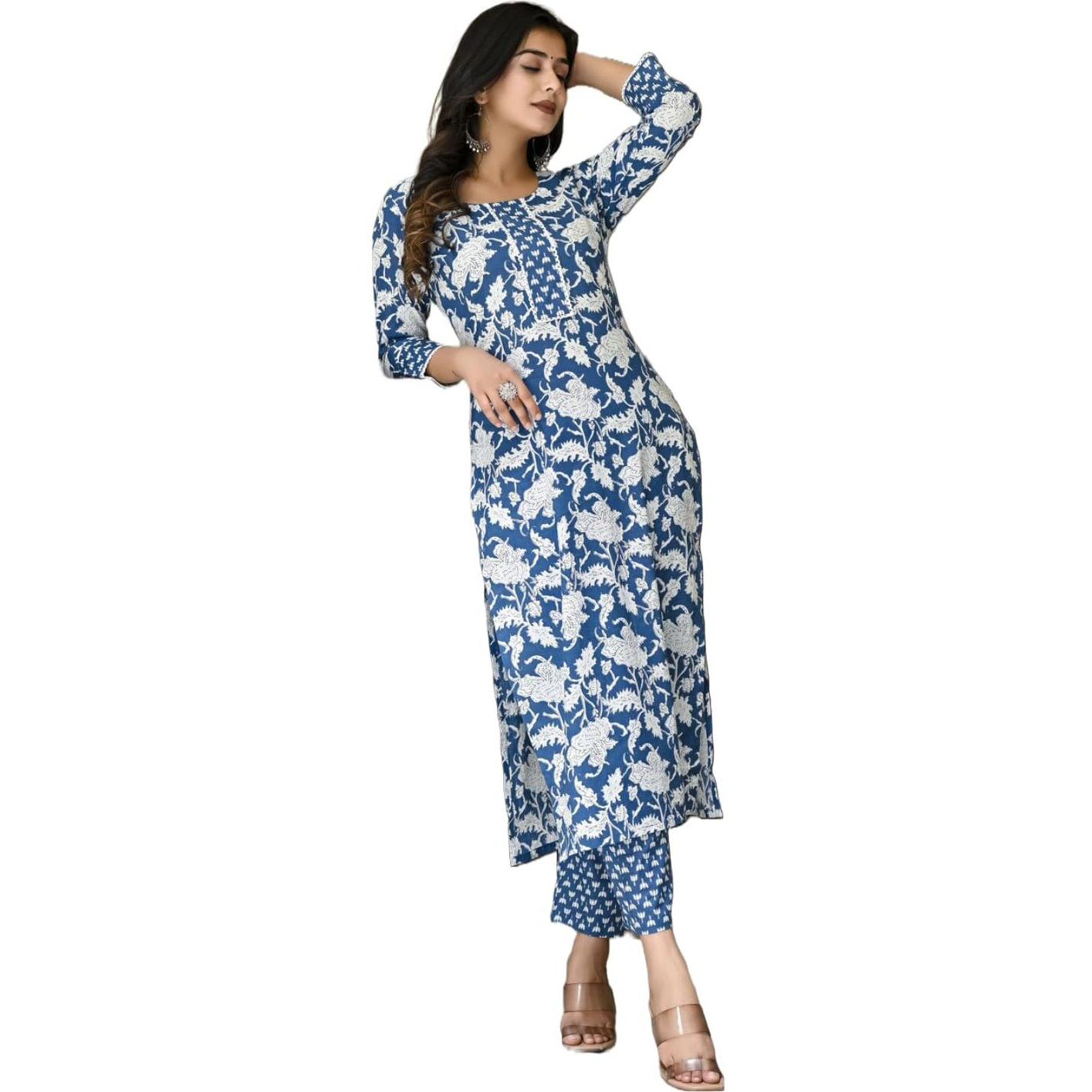 ANNI DESIGNER Women's Cotton Blend Printed Straight Kurta with Pant (Pustak Blue-NER_XL_Blue_X-Large)
