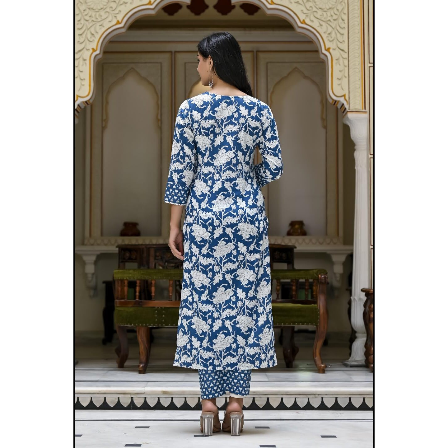 ANNI DESIGNER Women's Cotton Blend Printed Straight Kurta with Pant (Pustak Blue-NER_XL_Blue_X-Large)