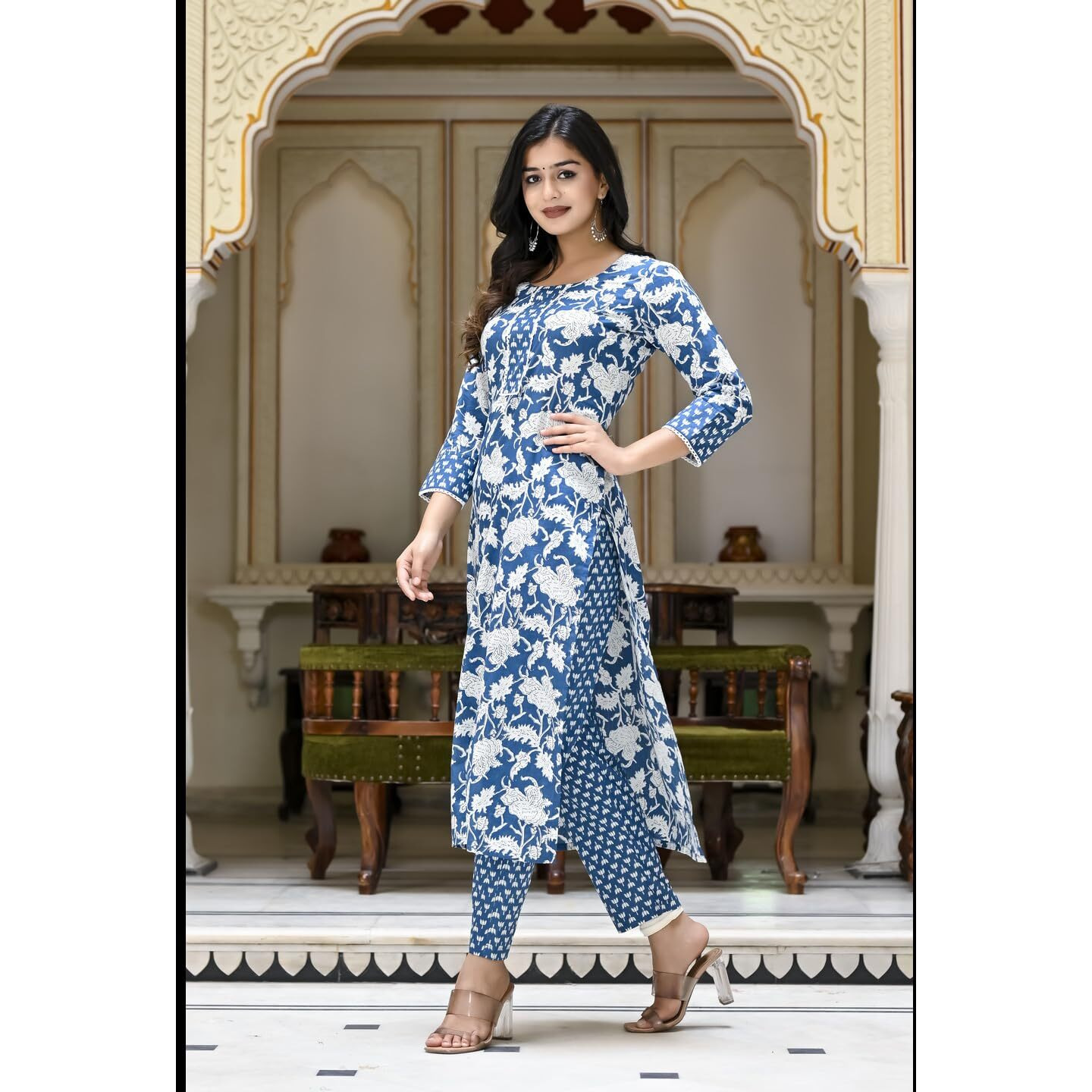 ANNI DESIGNER Women's Cotton Blend Printed Straight Kurta with Pant (Pustak Blue-NER_XL_Blue_X-Large)