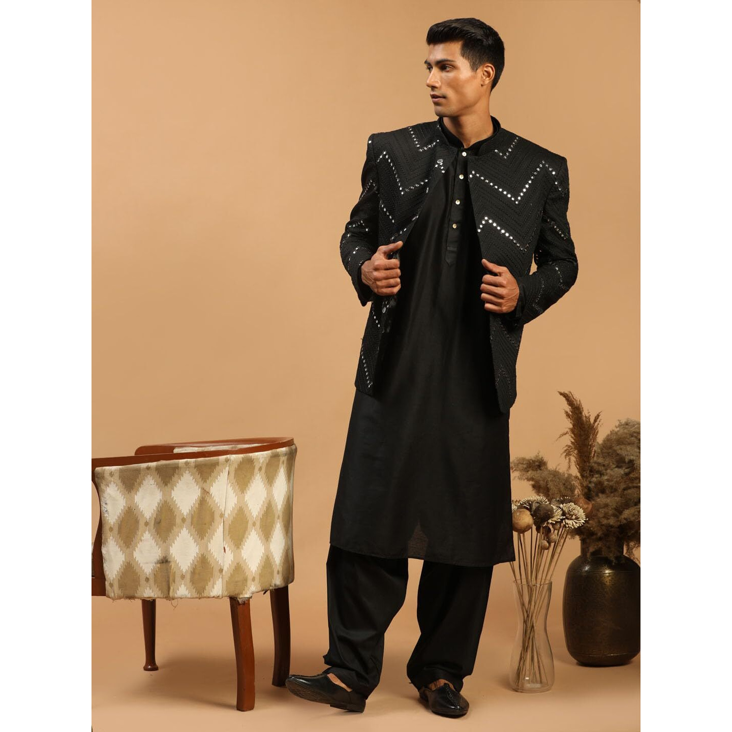 VASTRAMAY Men's Black Viscose Ethnic Combo Set | Mirror work Embellished Viscose Jodhpuri Coat For Men. This Set Contain Viscose Kurta and patiala pant.