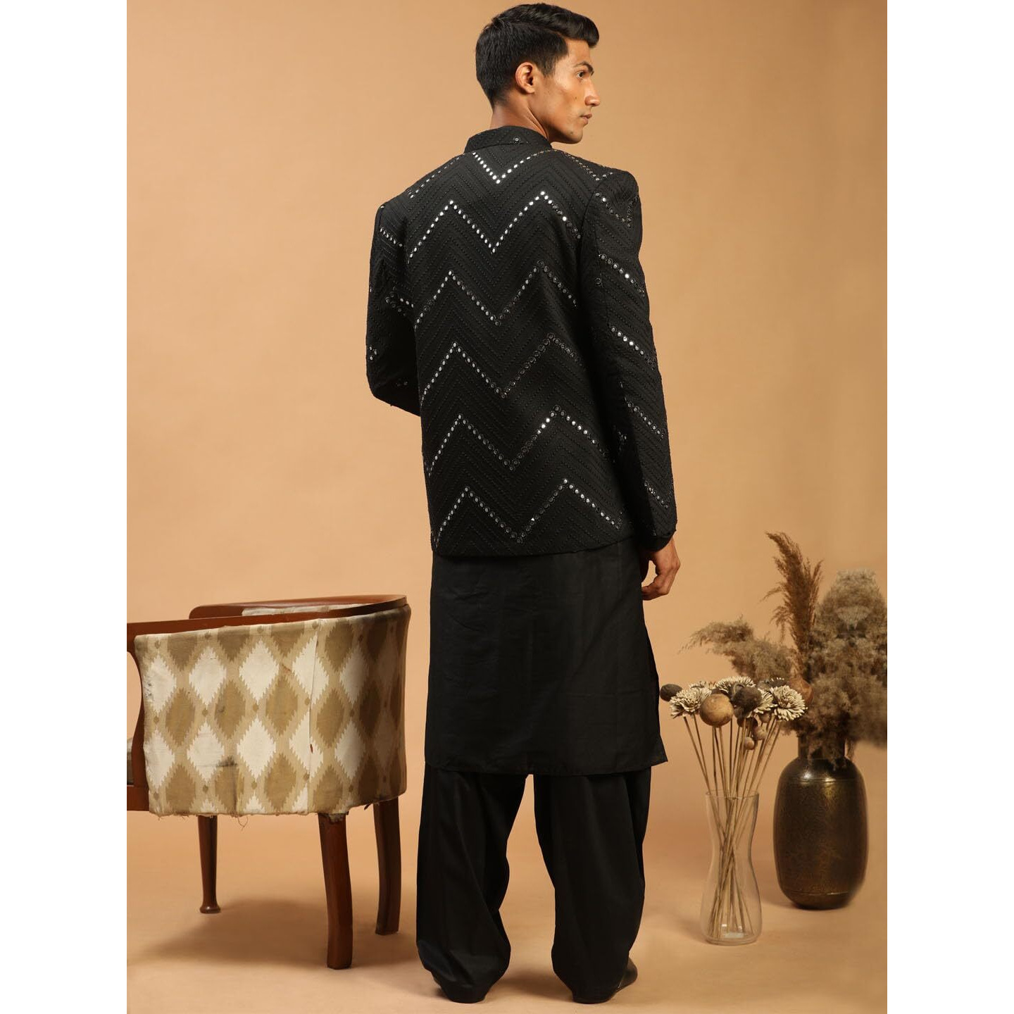 VASTRAMAY Men's Black Viscose Ethnic Combo Set | Mirror work Embellished Viscose Jodhpuri Coat For Men. This Set Contain Viscose Kurta and patiala pant.