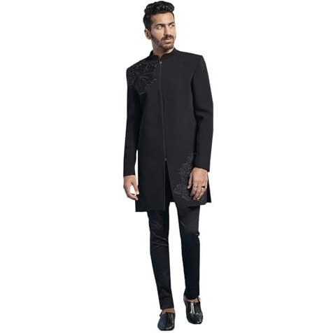 VASTRAMAY Men's Black Imported Suiting Lycra Sherwani Set - Imported Suiting Lycra Fabric Embroidered Sequiend Indo Western,And Pant Set