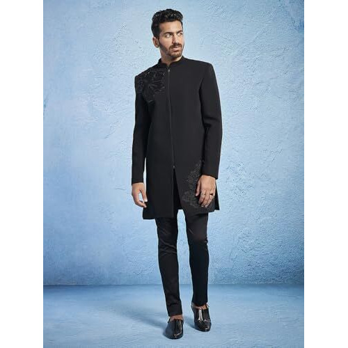 VASTRAMAY Men's Black Imported Suiting Lycra Sherwani Set - Imported Suiting Lycra Fabric Embroidered Sequiend Indo Western,And Pant Set