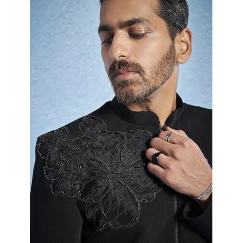 VASTRAMAY Men's Black Imported Suiting Lycra Sherwani Set - Imported Suiting Lycra Fabric Embroidered Sequiend Indo Western,And Pant Set