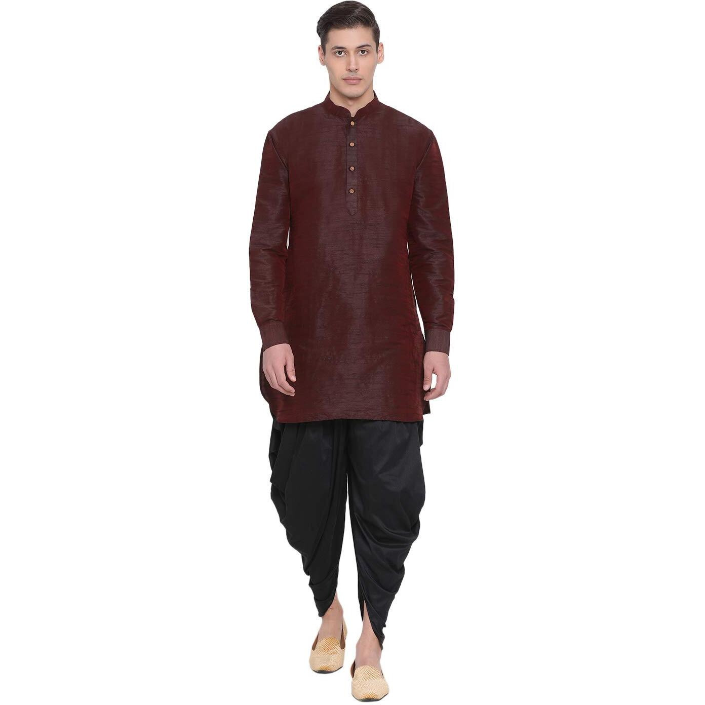 VASTRAMAY Men's Wine Silk Blend Dhoti Kurta Set_VASMUK001WNnCDBL_44
