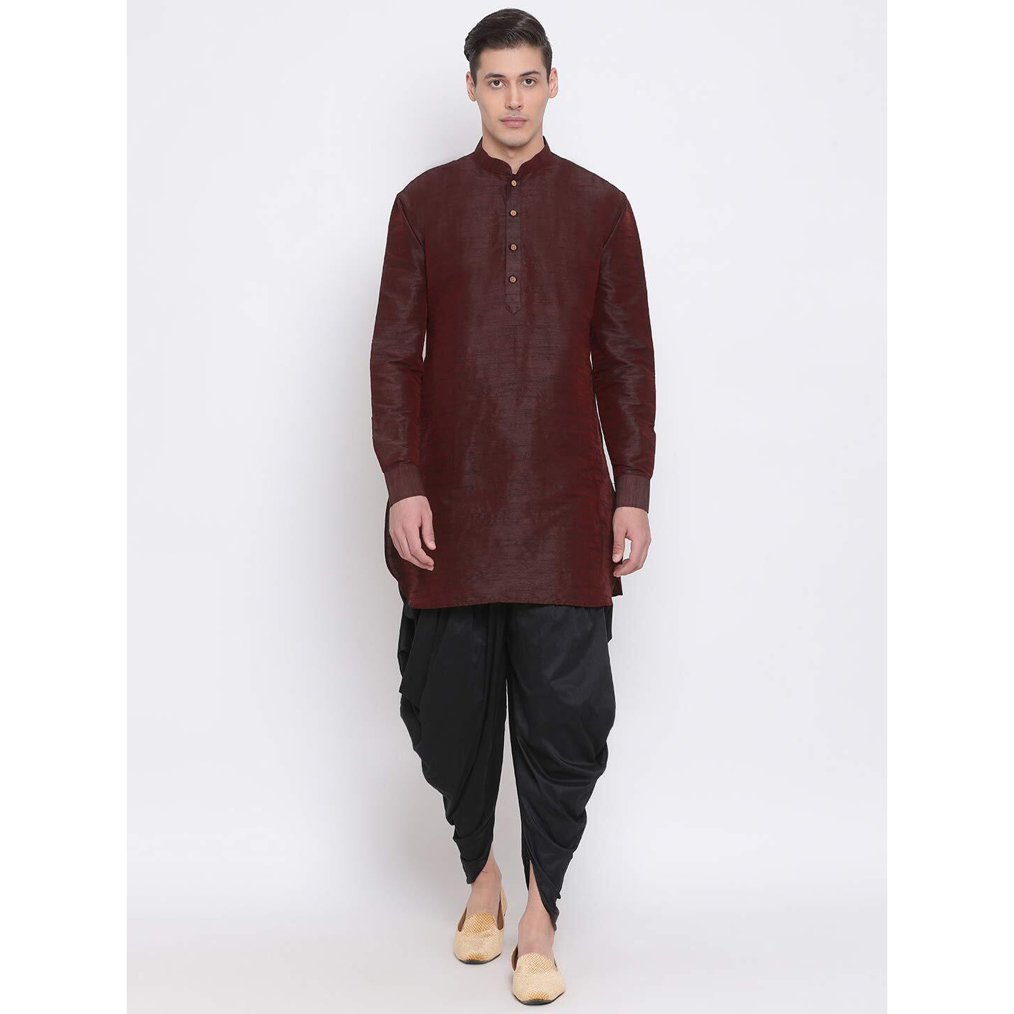 VASTRAMAY Men's Wine Silk Blend Dhoti Kurta Set_VASMUK001WNnCDBL_44