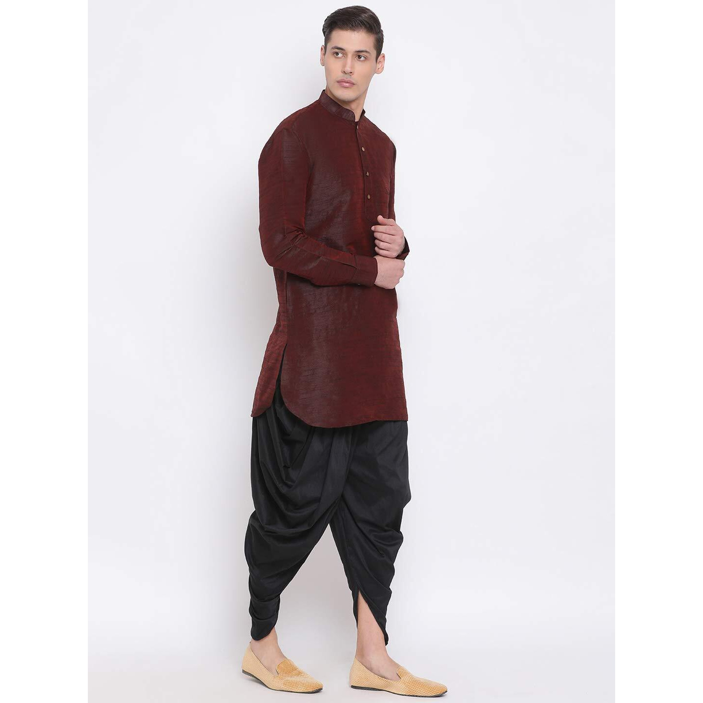 VASTRAMAY Men's Wine Silk Blend Dhoti Kurta Set_VASMUK001WNnCDBL_44