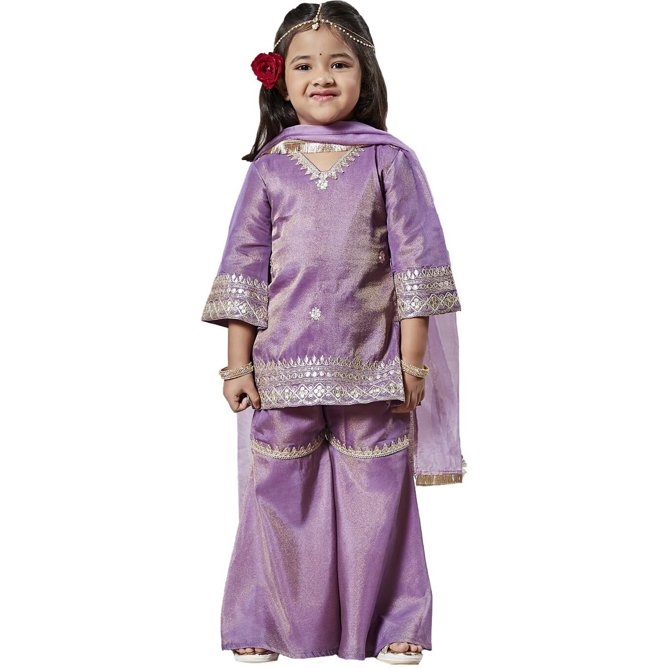VASTRAMAY Boy's Tissue Kurta Sharara and Dupatta Set (VASGKP104LDnD_Lavender_3 4 Years)