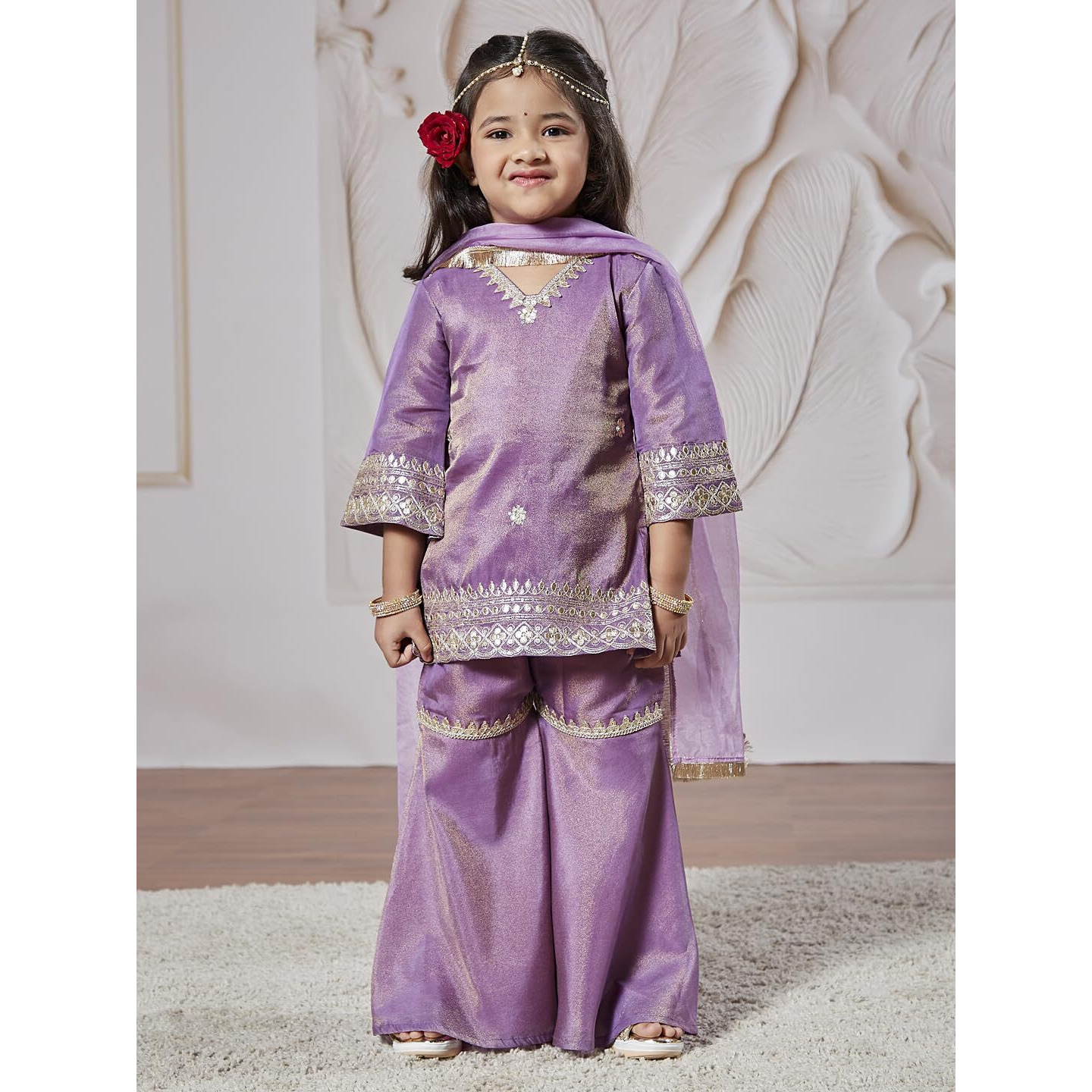 VASTRAMAY Boy's Tissue Kurta Sharara and Dupatta Set (VASGKP104LDnD_Lavender_3 4 Years)