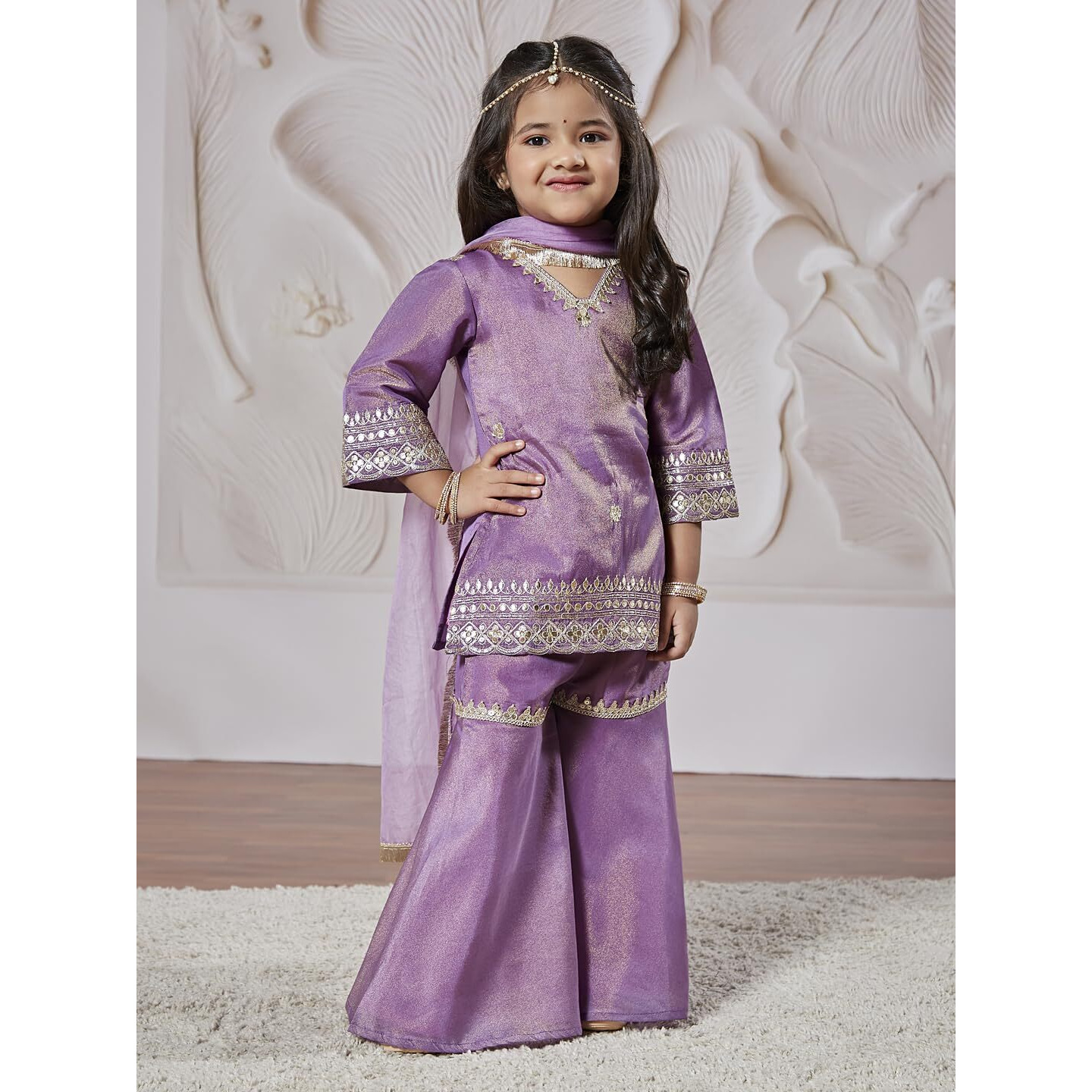 VASTRAMAY Boy's Tissue Kurta Sharara and Dupatta Set (VASGKP104LDnD_Lavender_3 4 Years)