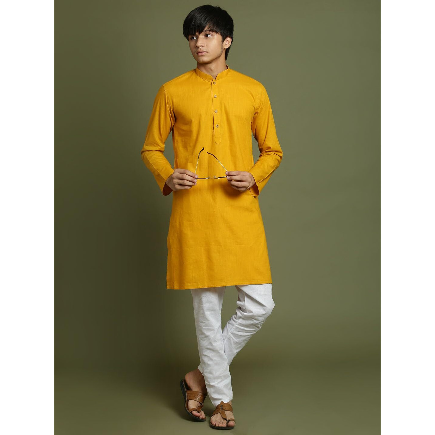 VASTRAMAY YUVA Boys' Mustard And White Kurta Pyjama Set_VYUVBK007MDnPCWH_36
