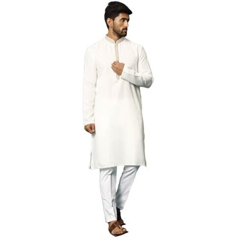 VASTRAMAY Men's Cream And White Cotton Blend Kurta Pyjama Set_VASMK156CRnPANT001WH_36