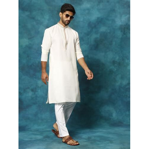VASTRAMAY Men's Cream And White Cotton Blend Kurta Pyjama Set_VASMK156CRnPANT001WH_36