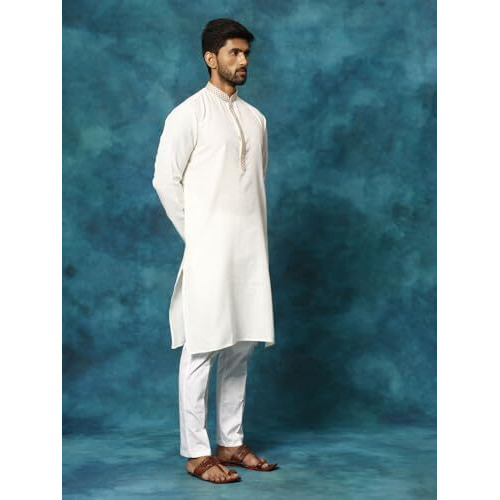 VASTRAMAY Men's Cream And White Cotton Blend Kurta Pyjama Set_VASMK156CRnPANT001WH_36