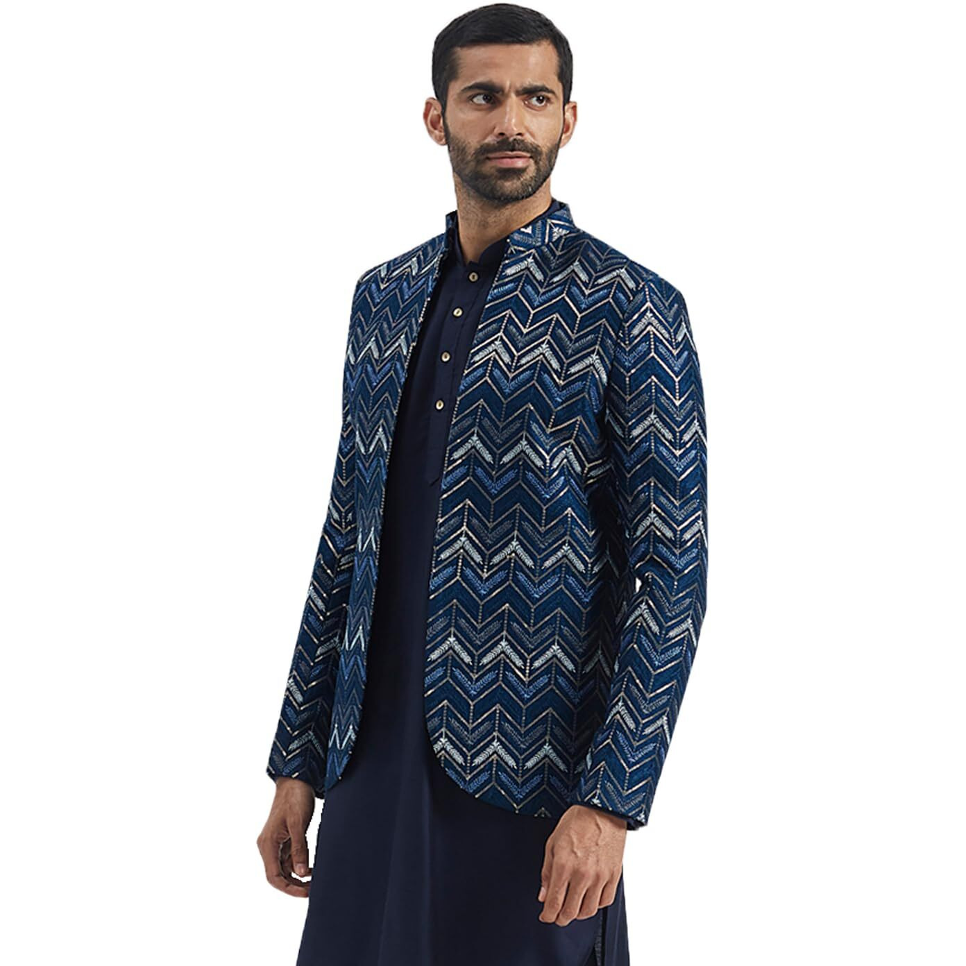 VASTRAMAY Men's Blue Silk Blend Jodhpuri - Cheveron Embroidered And Sequins Embellished Front Open Jodhpuri