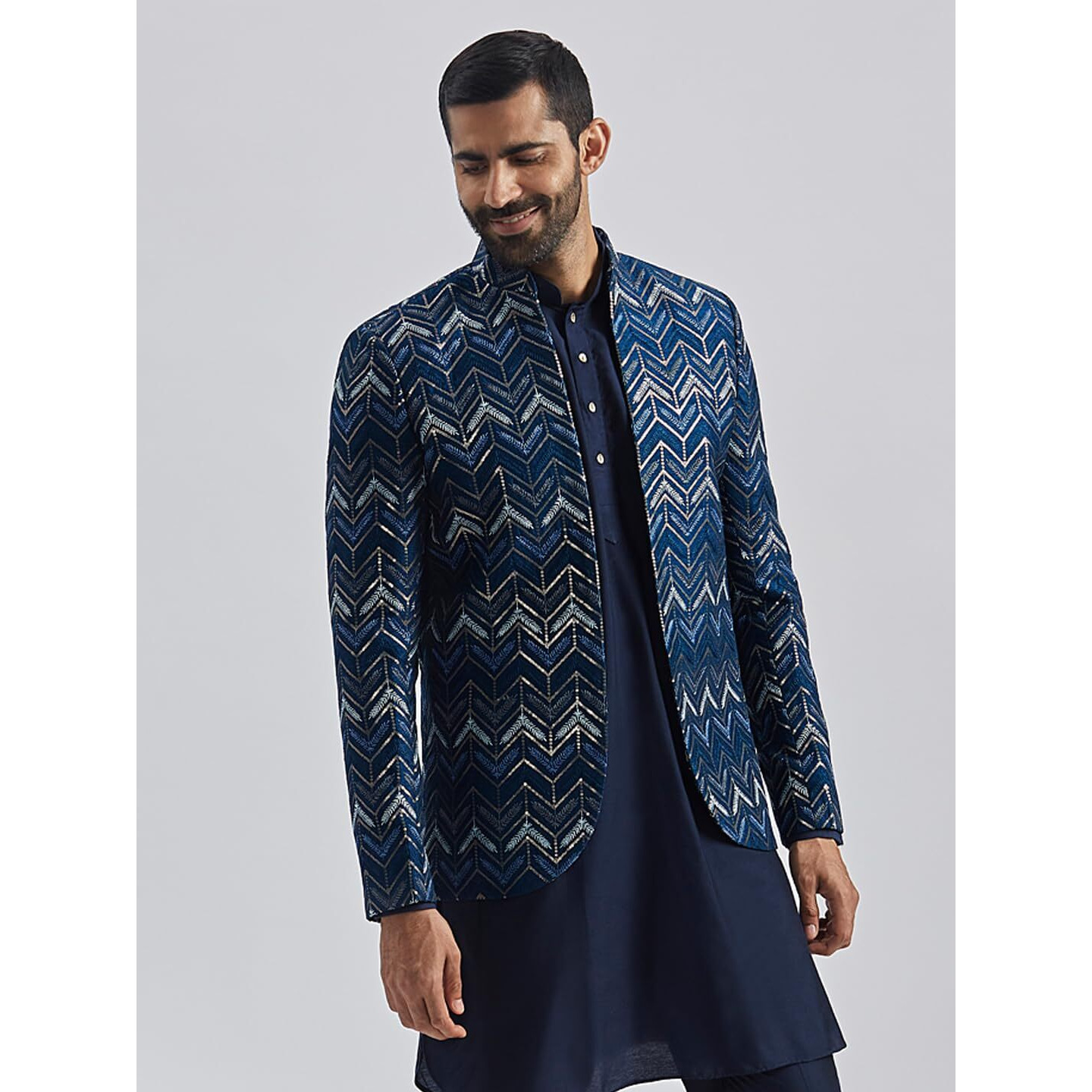 VASTRAMAY Men's Blue Silk Blend Jodhpuri - Cheveron Embroidered And Sequins Embellished Front Open Jodhpuri