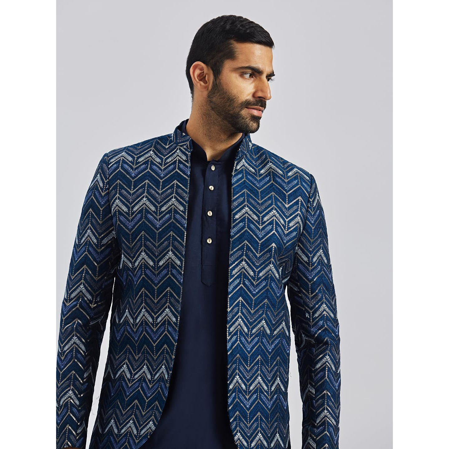 VASTRAMAY Men's Blue Silk Blend Jodhpuri - Cheveron Embroidered And Sequins Embellished Front Open Jodhpuri