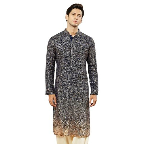 VASTRAMAY Men's Navy Blue Georgette Kurta, All Over sequinced in Ombre Design Kurta for Weddings & Festivals, Traditional Indian Wear