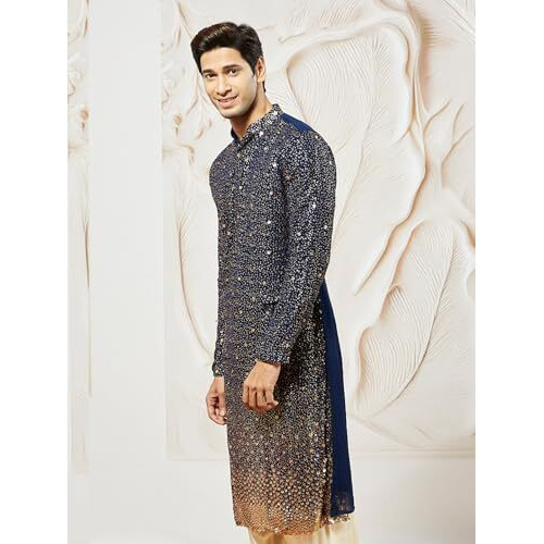 VASTRAMAY Men's Navy Blue Georgette Kurta, All Over sequinced in Ombre Design Kurta for Weddings & Festivals, Traditional Indian Wear