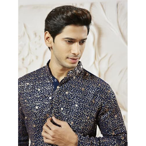 VASTRAMAY Men's Navy Blue Georgette Kurta, All Over sequinced in Ombre Design Kurta for Weddings & Festivals, Traditional Indian Wear
