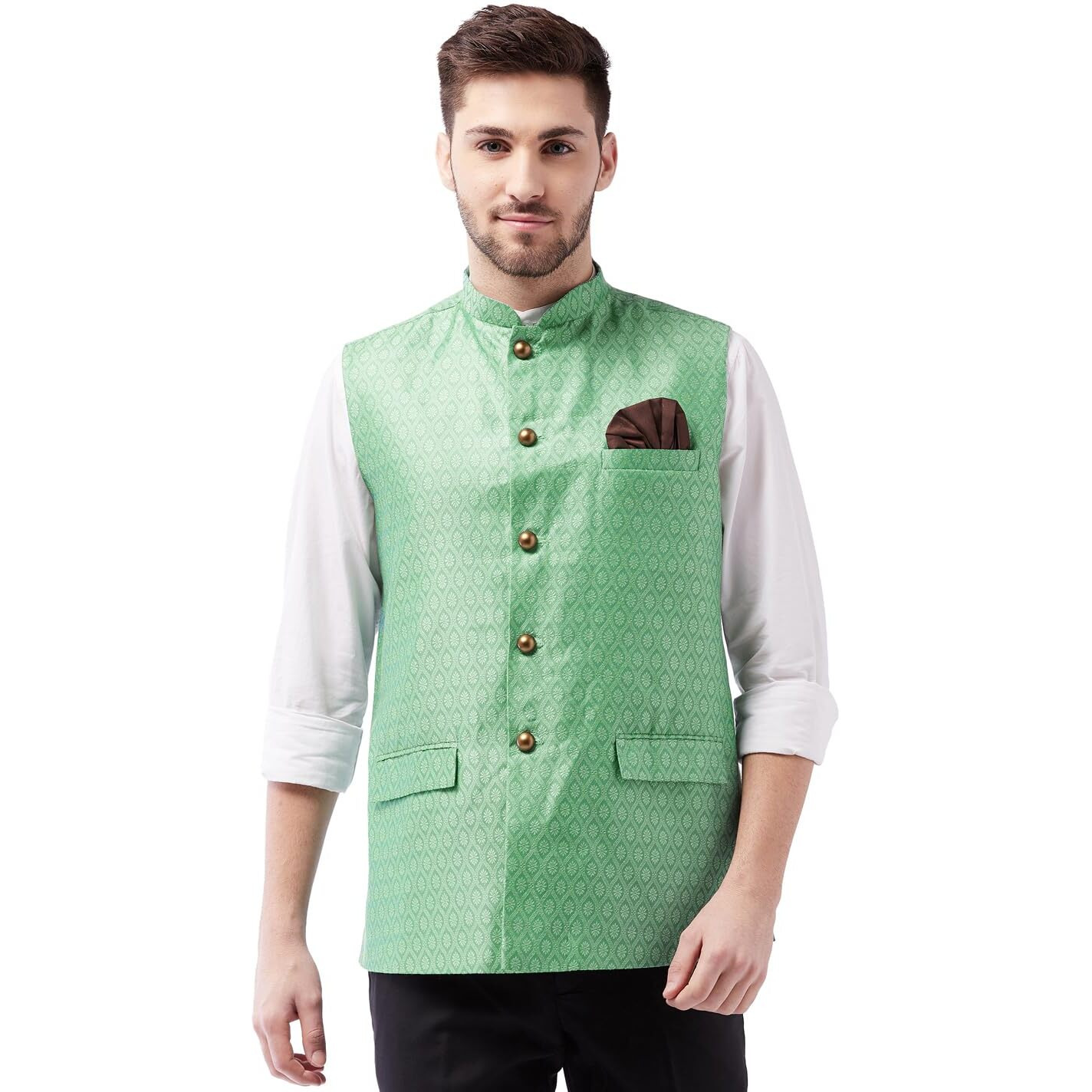 VASTRAMAY Men's Green Silk Blend Nehru Jackets_VASMJ105GN_42