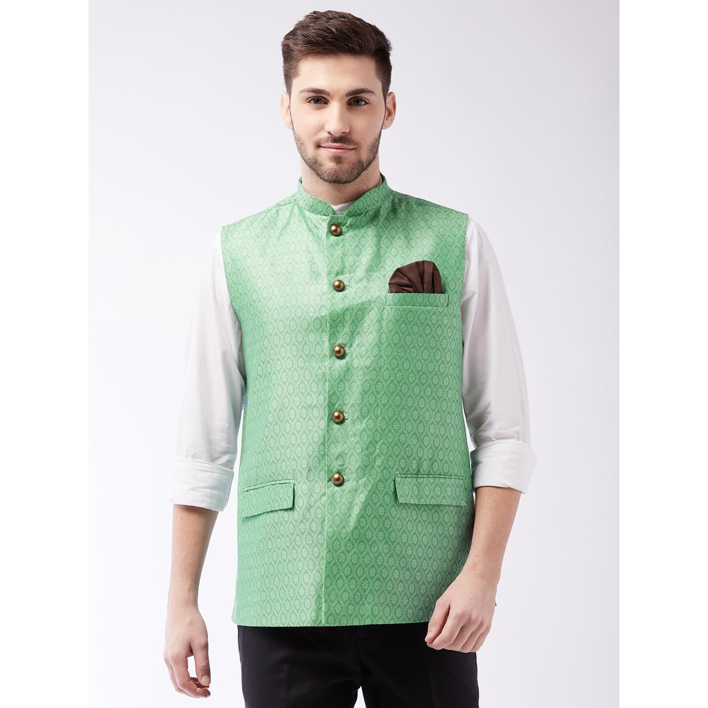 VASTRAMAY Men's Green Silk Blend Nehru Jackets_VASMJ105GN_42