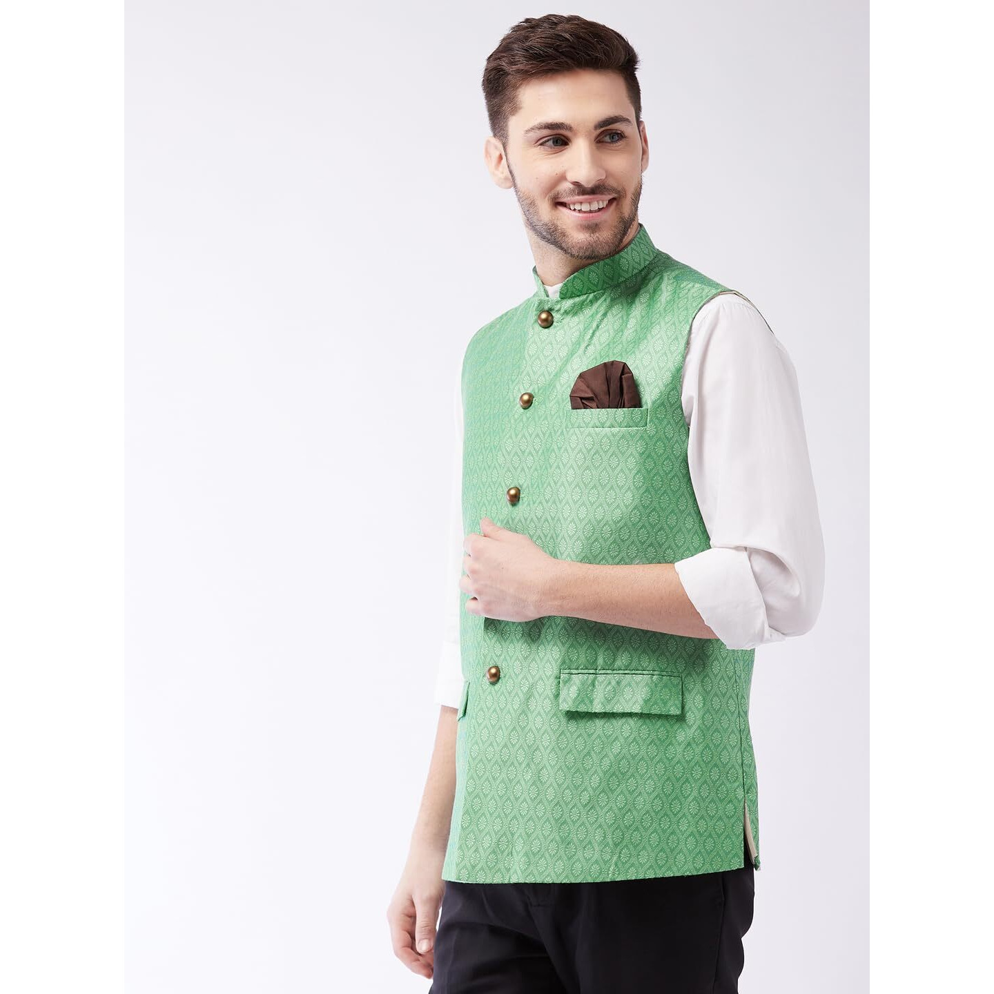 VASTRAMAY Men's Green Silk Blend Nehru Jackets_VASMJ105GN_42