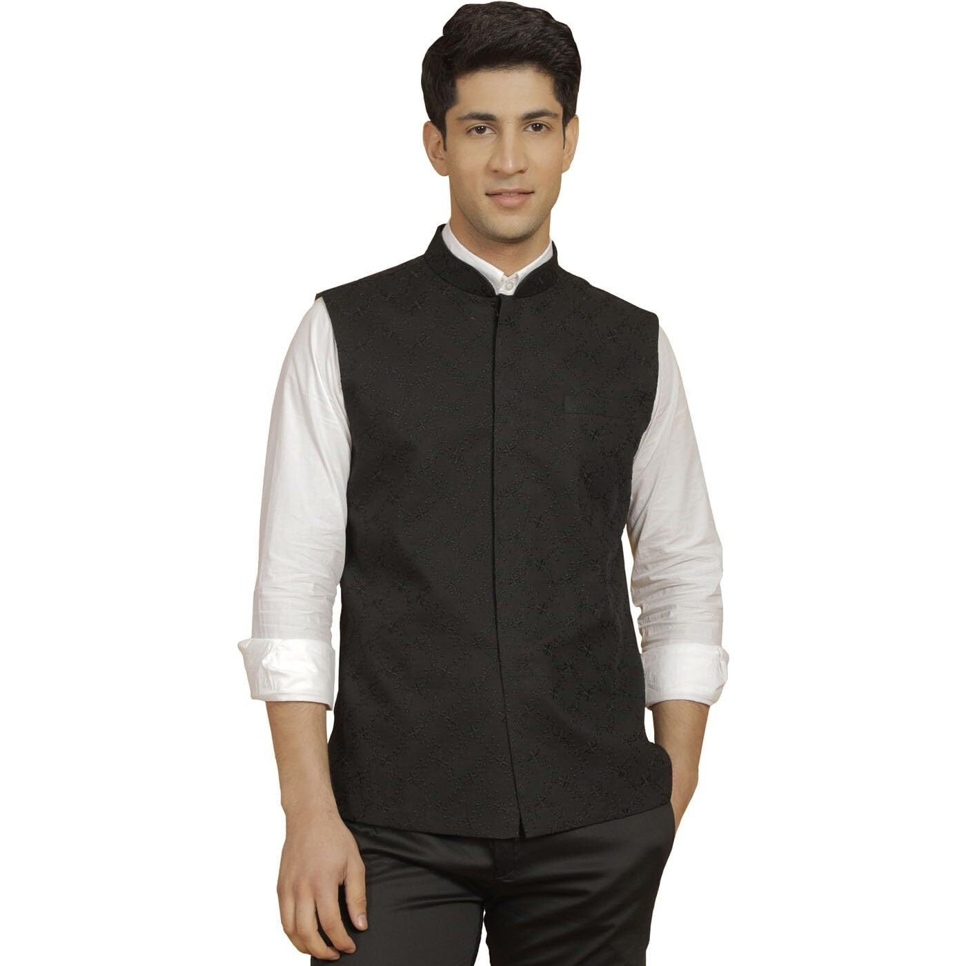 VASTRAMAY Men's Cotton Nehru Jacket I Allover Embroidered Jacket Regular Nehru Jacket I Fastive Party Wedding Neharu Jackets_VASMJ358BL_40
