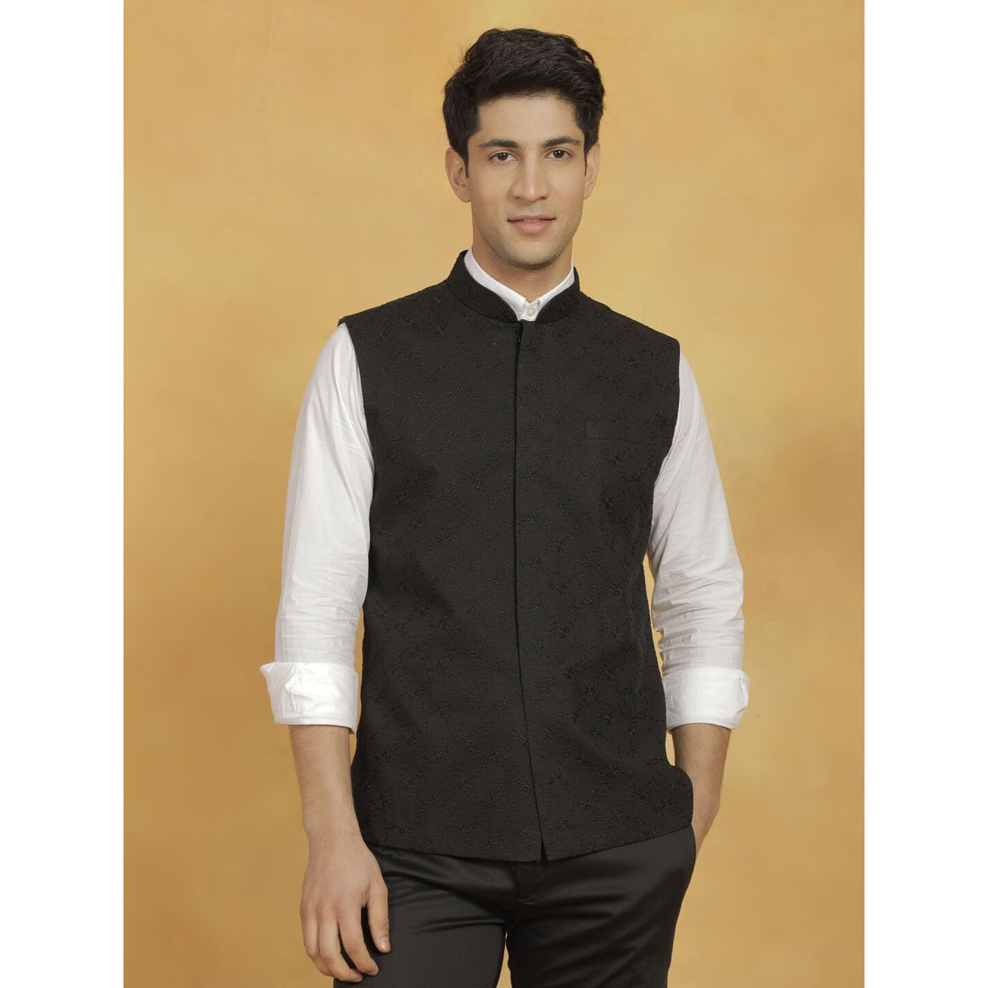 VASTRAMAY Men's Cotton Nehru Jacket I Allover Embroidered Jacket Regular Nehru Jacket I Fastive Party Wedding Neharu Jackets_VASMJ358BL_40