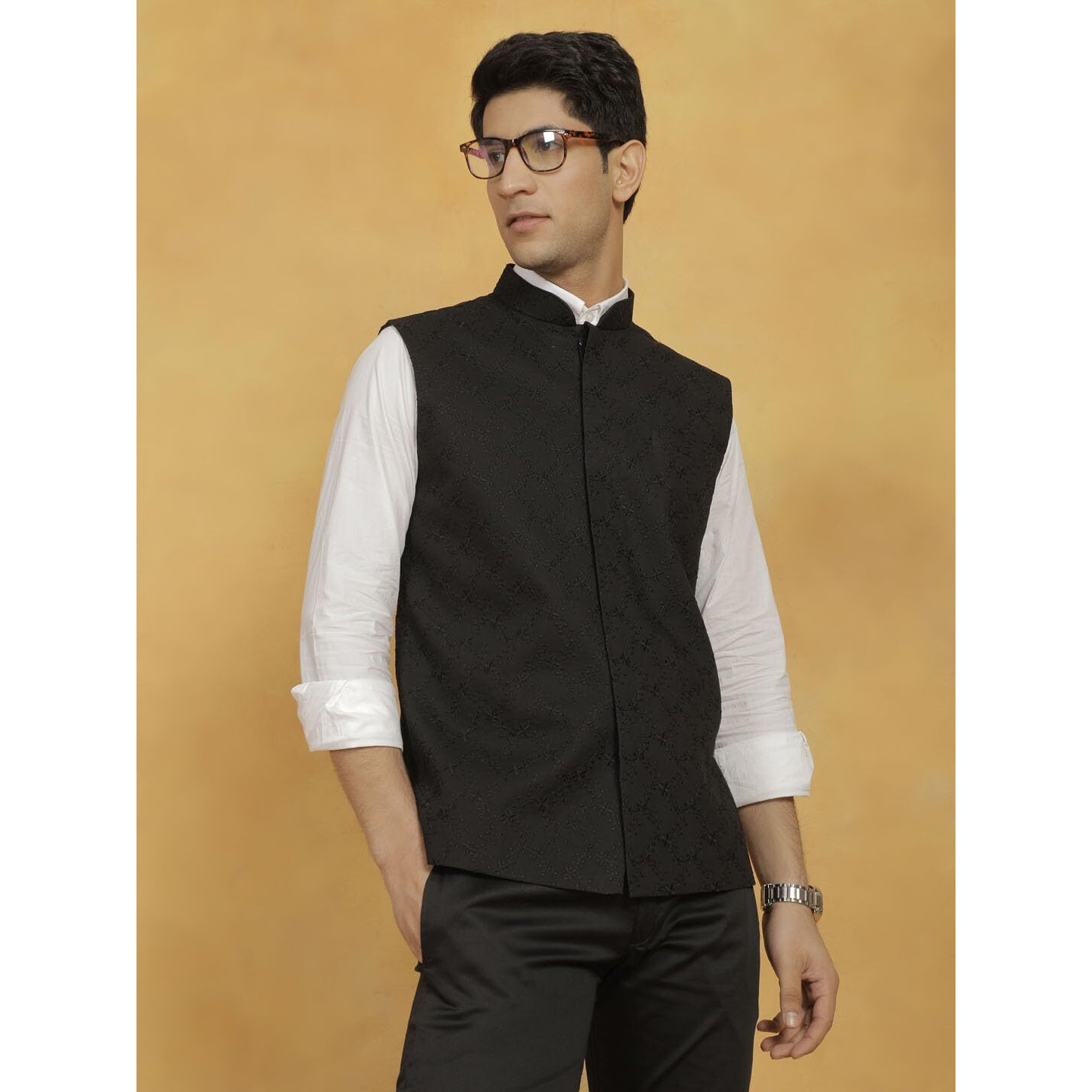 VASTRAMAY Men's Cotton Nehru Jacket I Allover Embroidered Jacket Regular Nehru Jacket I Fastive Party Wedding Neharu Jackets_VASMJ358BL_40