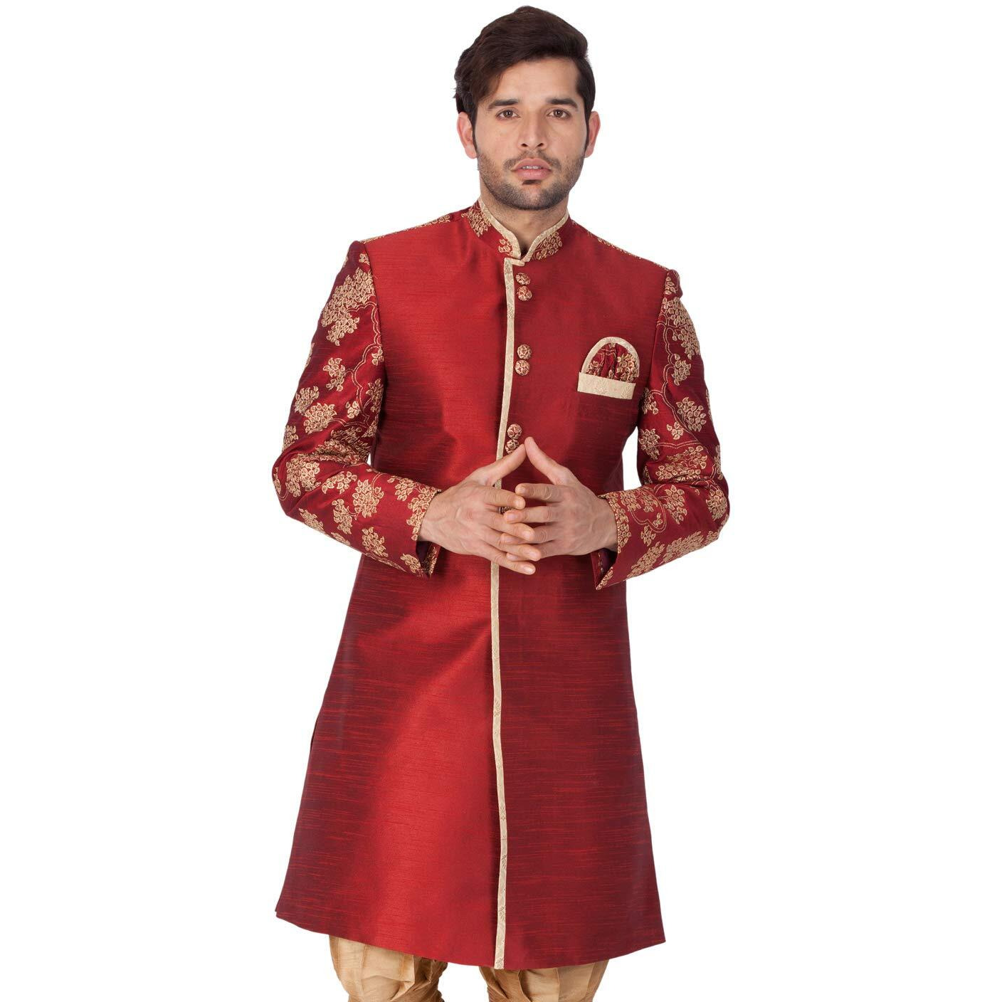 VASTRAMAY Men's Maroon n Gold Cotton Silk Blend Sherwani Only Top_VASMSW010_38
