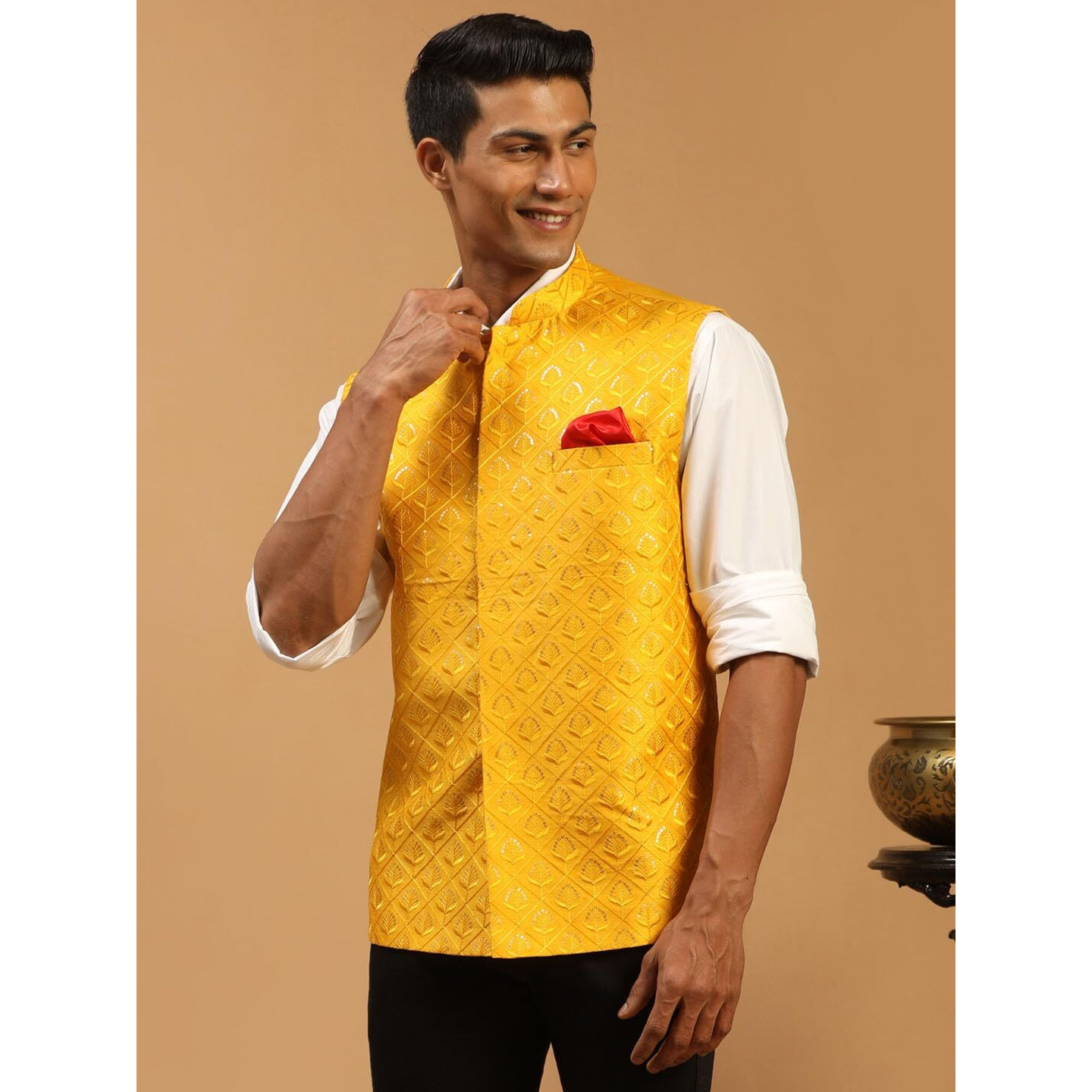 VASTRAMAY Men's Yellow Silk Blend Nehru Jacket | Sequins Embroidered Dupion Nehru Jacket for Men
