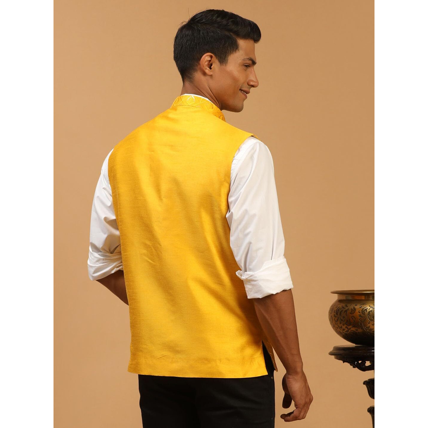 VASTRAMAY Men's Yellow Silk Blend Nehru Jacket | Sequins Embroidered Dupion Nehru Jacket for Men