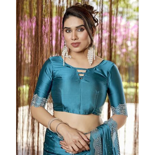 Yashika Women's Bollywood Satin Moss With Swarovski Stone Saree with Blouse |saree for Women | Silk Saree | New Sari | Latest Saree (AZ-YS-P2-ARSHIFA RAMA)