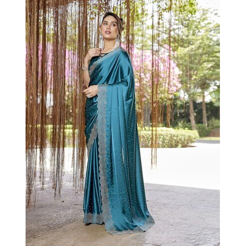Yashika Women's Bollywood Satin Moss With Swarovski Stone Saree with Blouse |saree for Women | Silk Saree | New Sari | Latest Saree (AZ-YS-P2-ARSHIFA RAMA)