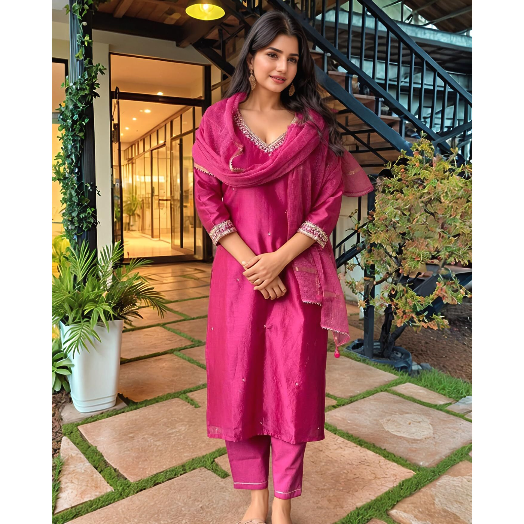 ANNI DESIGNER Women's Rayon Viscose Straight Embroidered Kurta with Pant & Dupatta (BAGICHA RANI-VKS03_S_Pink_Small)