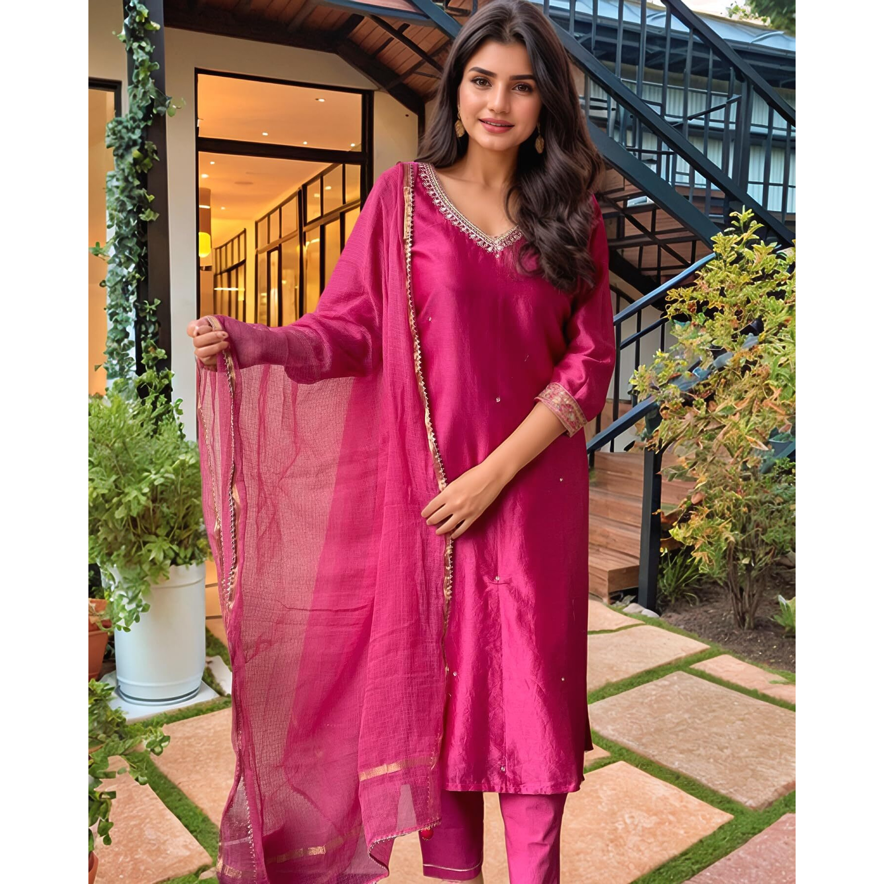 ANNI DESIGNER Women's Rayon Viscose Straight Embroidered Kurta with Pant & Dupatta (BAGICHA RANI-VKS03_S_Pink_Small)