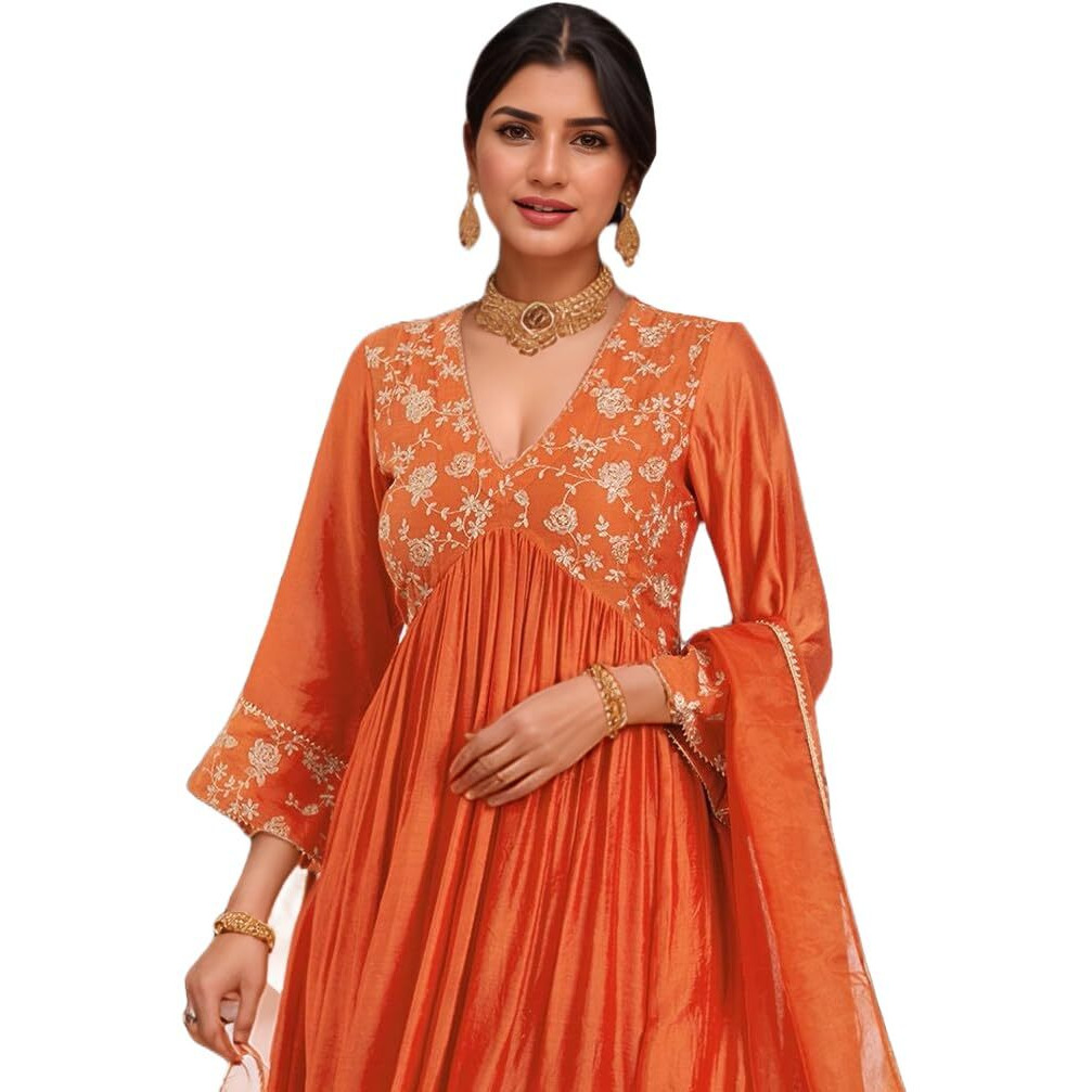 ANNI DESIGNER Women's Rayon Viscose Anarkali Embroidered Kurta with Pant & Dupatta (KANAKAM ORANGE-VKS02_M_Orange_Medium)