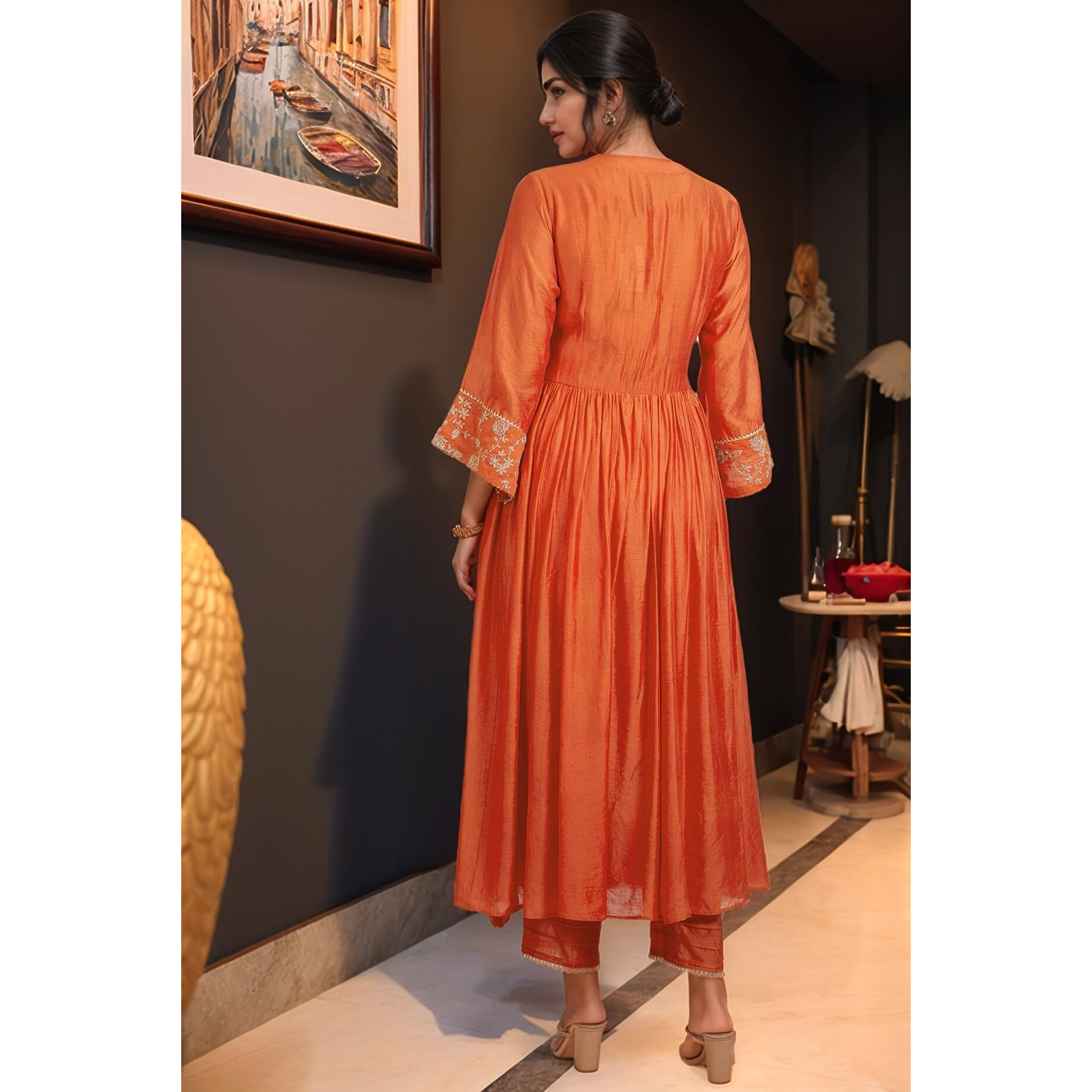 ANNI DESIGNER Women's Rayon Viscose Anarkali Embroidered Kurta with Pant & Dupatta (KANAKAM ORANGE-VKS02_M_Orange_Medium)