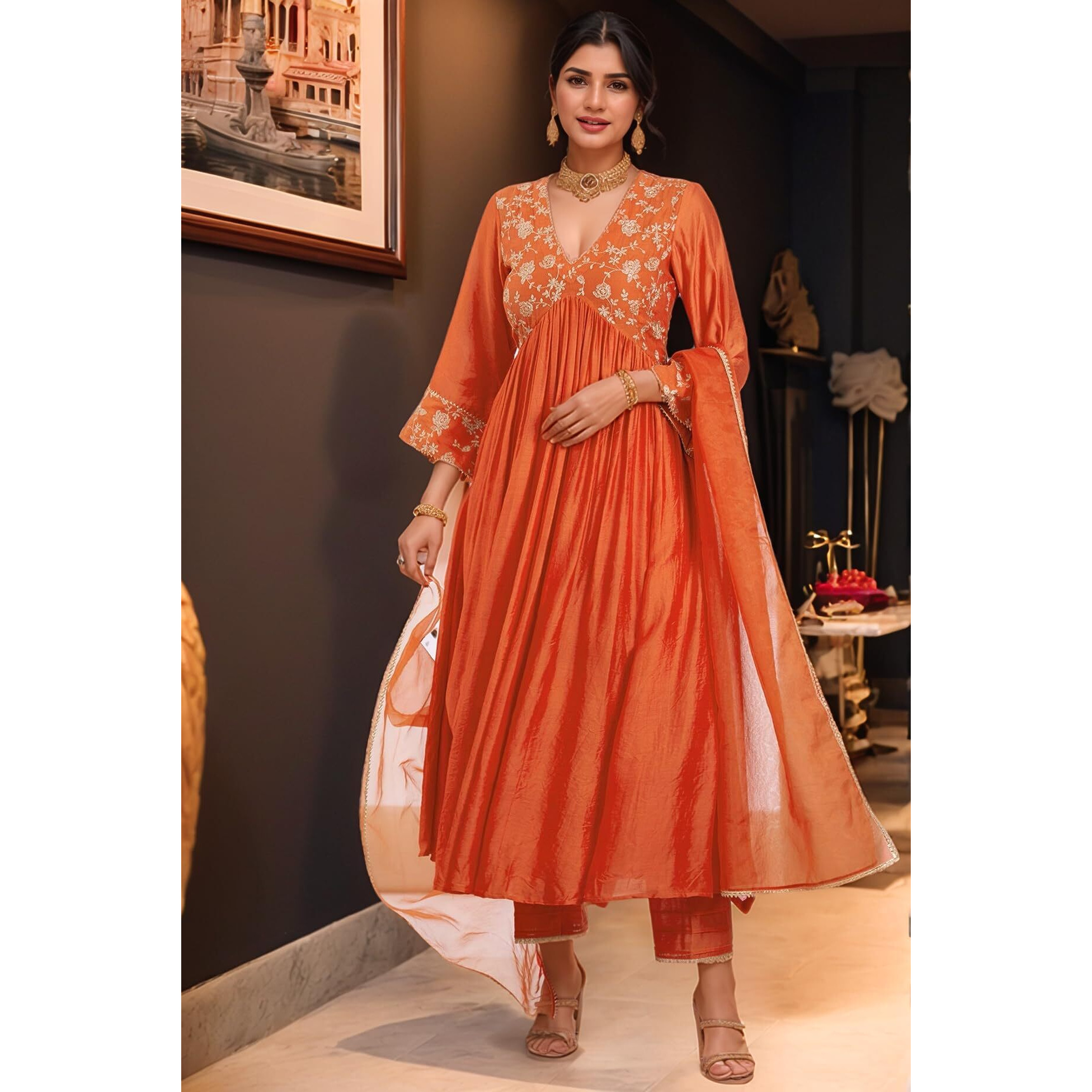 ANNI DESIGNER Women's Rayon Viscose Anarkali Embroidered Kurta with Pant & Dupatta (KANAKAM ORANGE-VKS02_M_Orange_Medium)