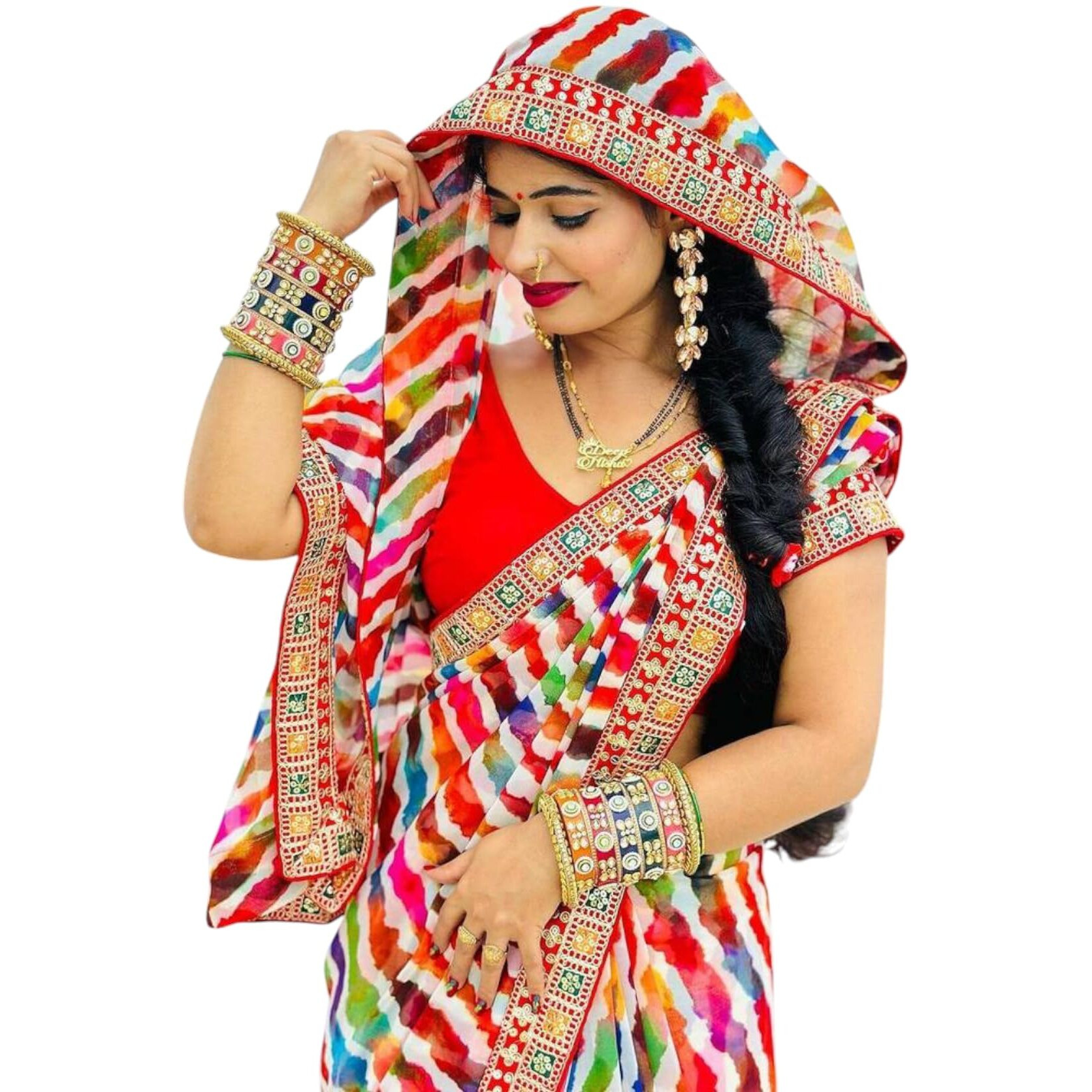 Yashika Womens Georgette Saree with Lace Border | Lightweight Laheriya Saree for Women with Unstitched Blouse Piece