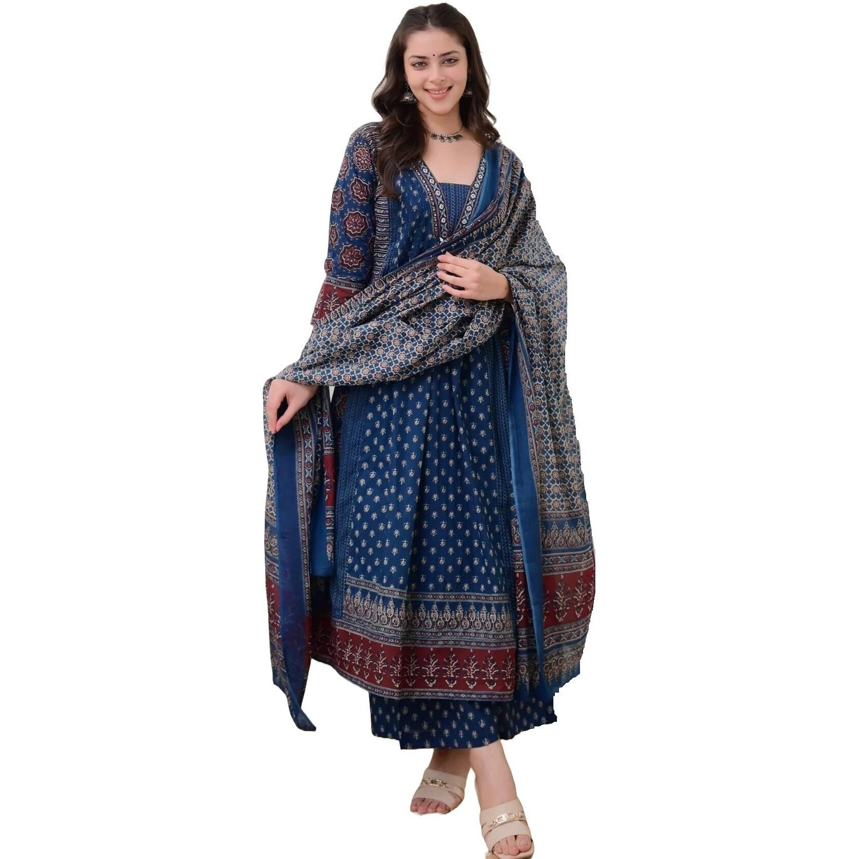 KLOSIA Women Printed Anarkali Kurta and Pant Set with Dupatta (in, Alpha, M, Teal Blue)