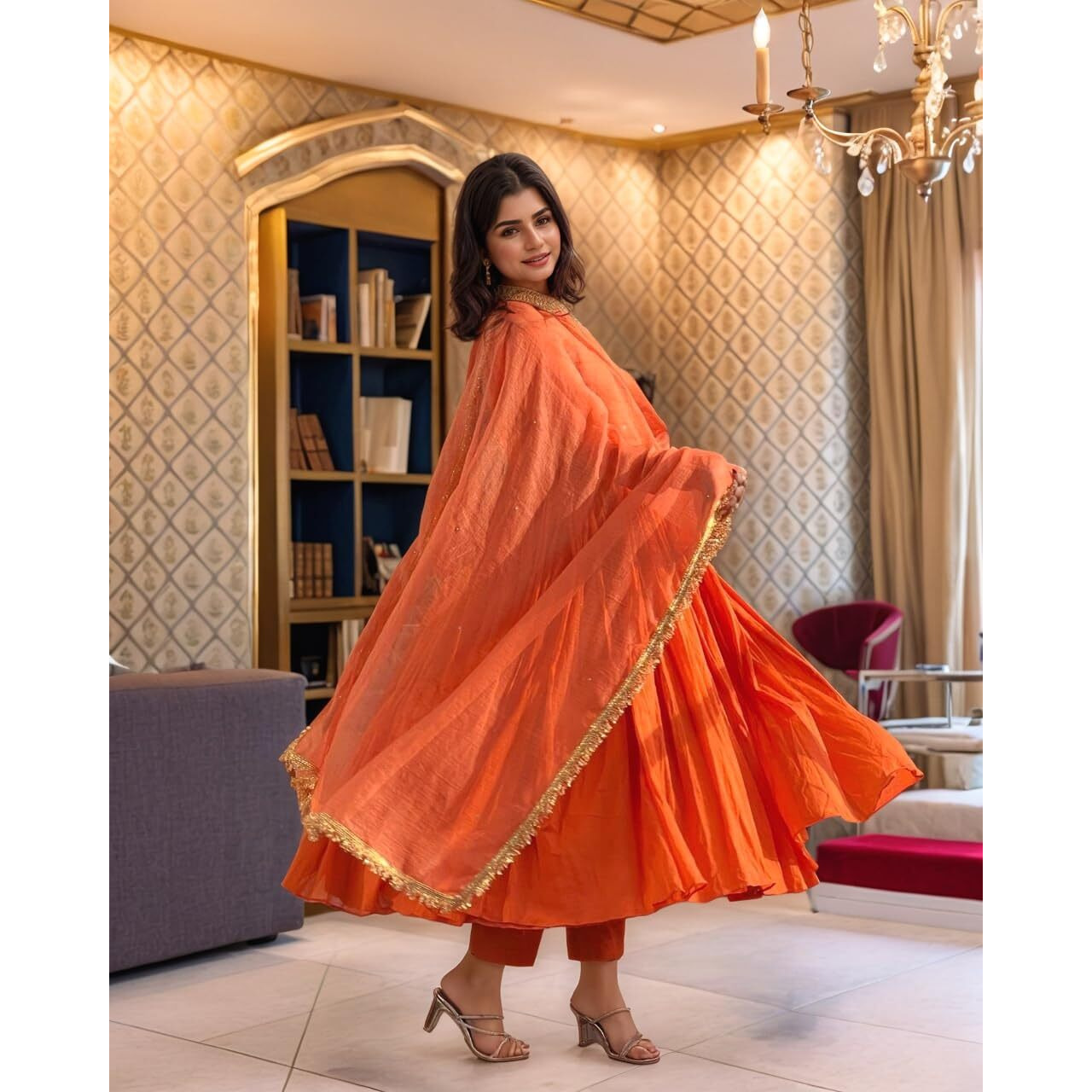 ANNI DESIGNER Women's Rayon Viscose Anarkali Solid Kurta with Pant & Dupatta (Garbo ORANGE-VKS02_XXL_Orange_XX-Large)