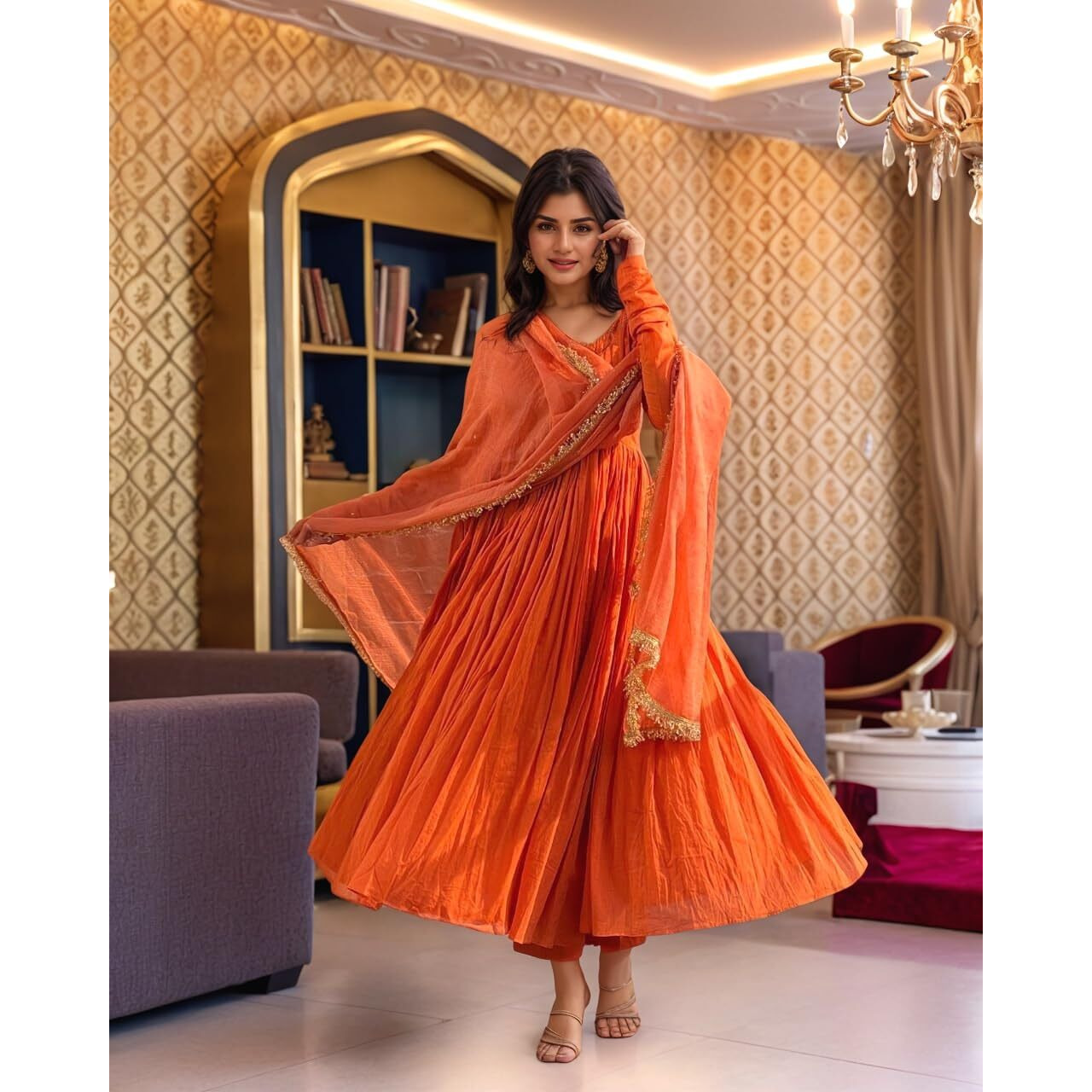 ANNI DESIGNER Women's Rayon Viscose Anarkali Solid Kurta with Pant & Dupatta (Garbo ORANGE-VKS02_XXL_Orange_XX-Large)