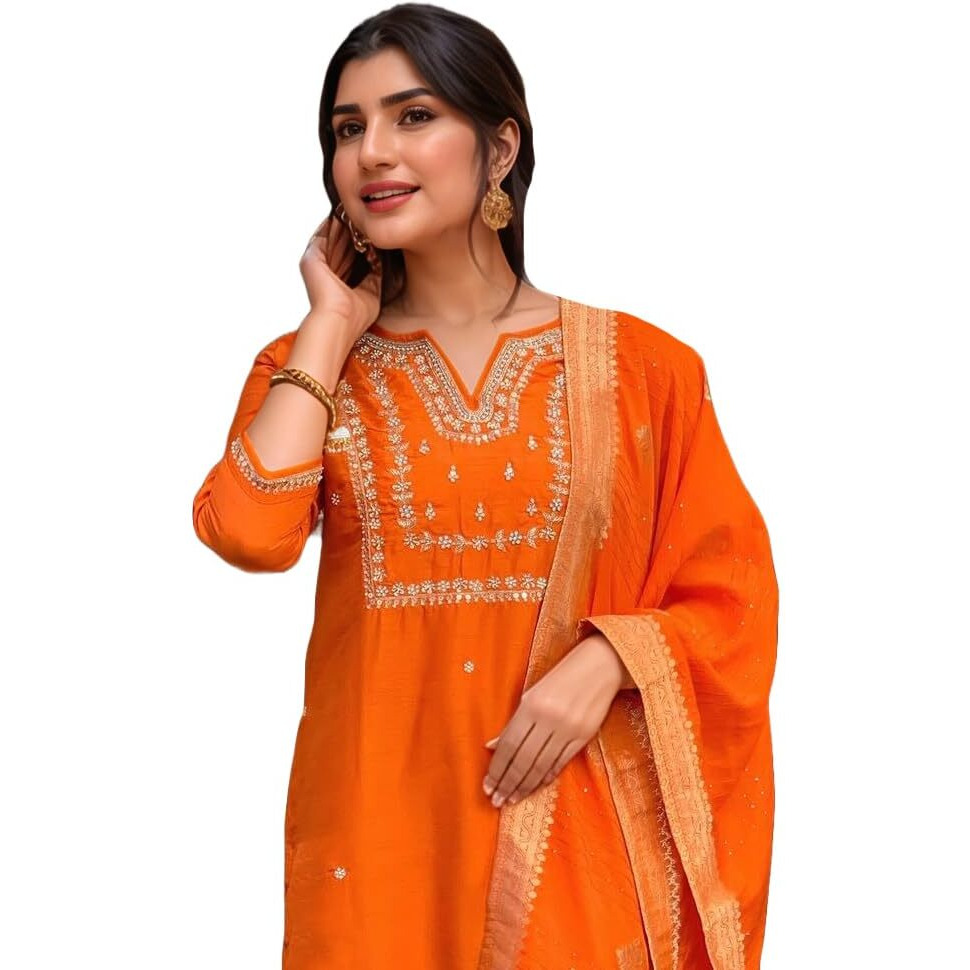 ANNI DESIGNER Women's Silk Blend Straight Embroidered Kurta with Pant & Dupatta (MANUSHI Orange-VKS05_L_Orange_Large)